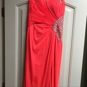 Coral Sequined slit back prom dress
